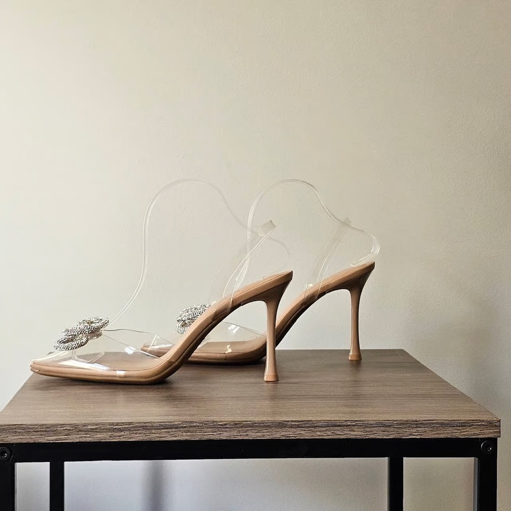 Chic Clear and Tan Heels with Embellishments